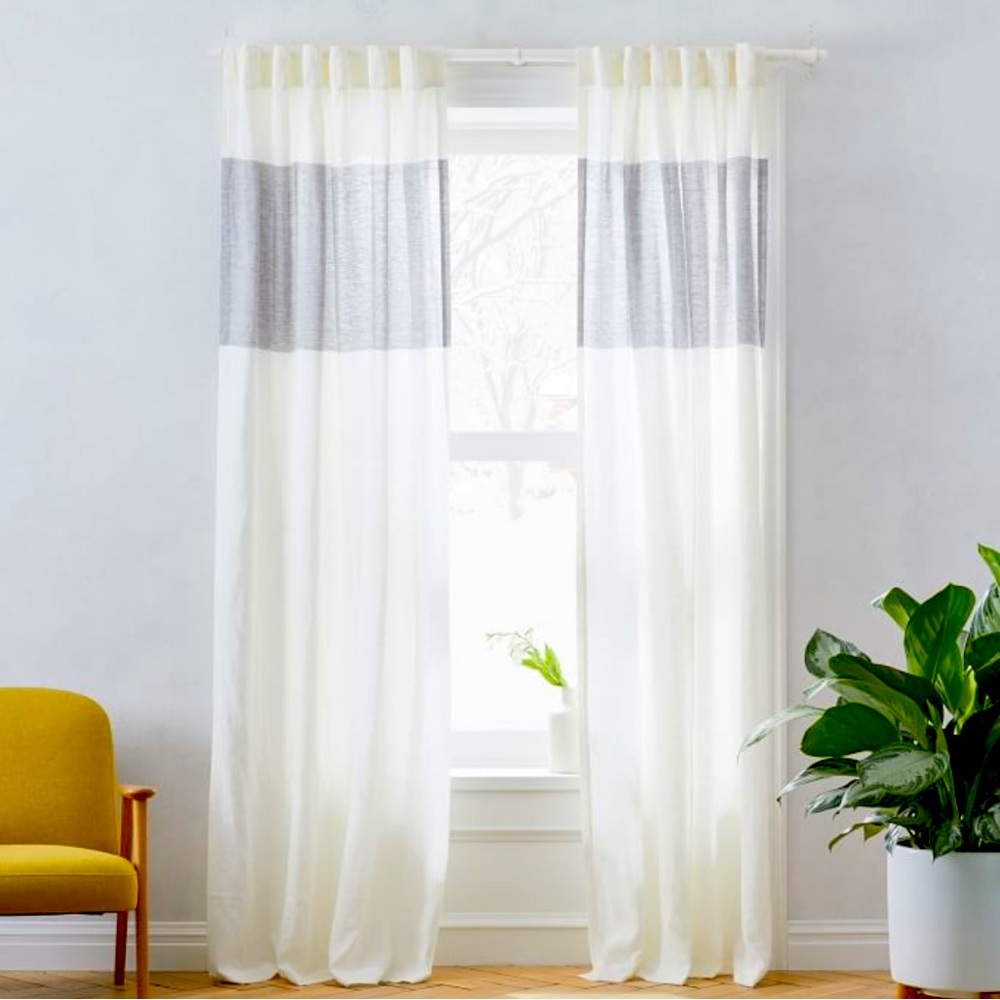 West Elm Belgian Flax Linen Contrast Stripe Curtain, Stone White & Slate, 48x84”